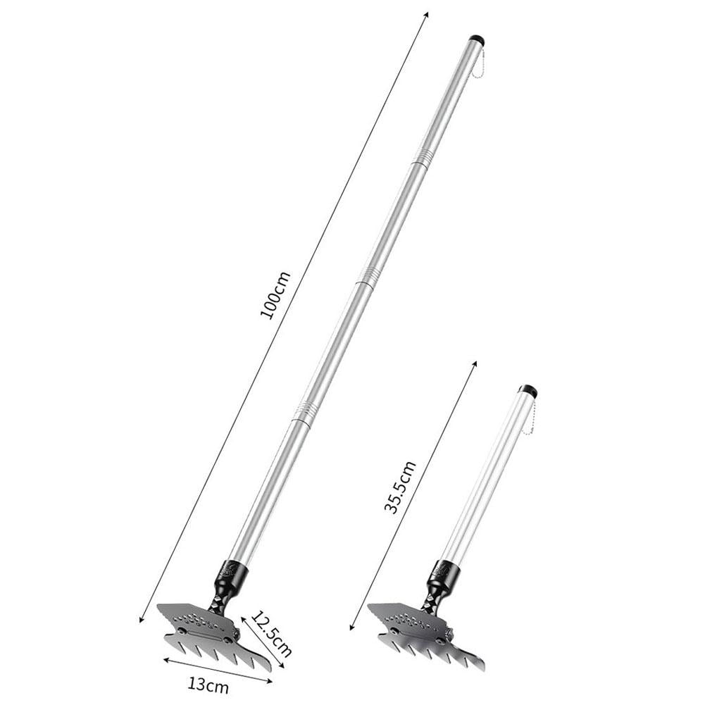 Manual Weeding Tool with Adjustable Long Handle 14 to 40 Inches, 6 Tine Heavy Duty Garden Weed Puller Rake for Lawns and Flower Beds, Removal Tool for Soil Aeration and Yard Maintenance