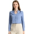 thumbnail image 1 of Elegante camisa abotonada cuello alto con escote en V recortado carrera primavera para mujer Azul L, 1 of 6