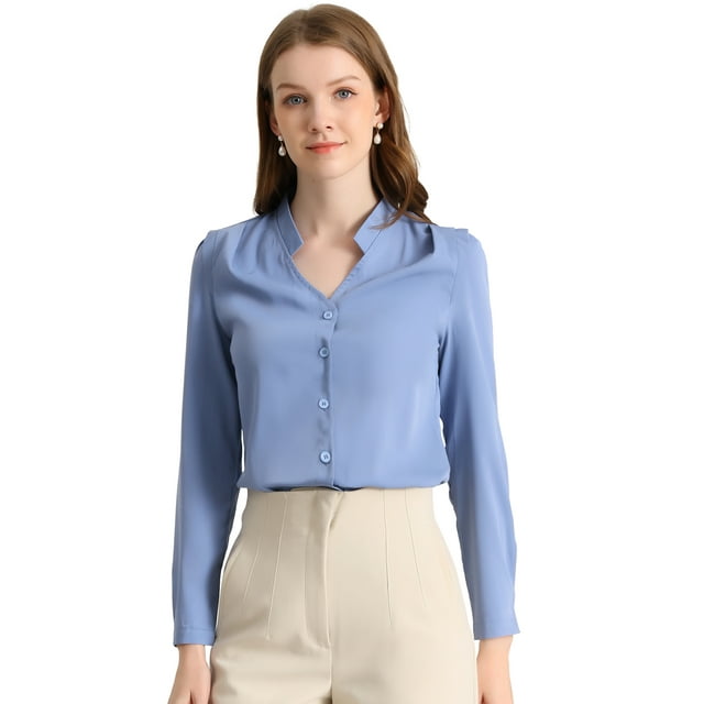 Elegante camisa abotonada cuello alto con escote en V recortado carrera primavera para mujer Azul L
