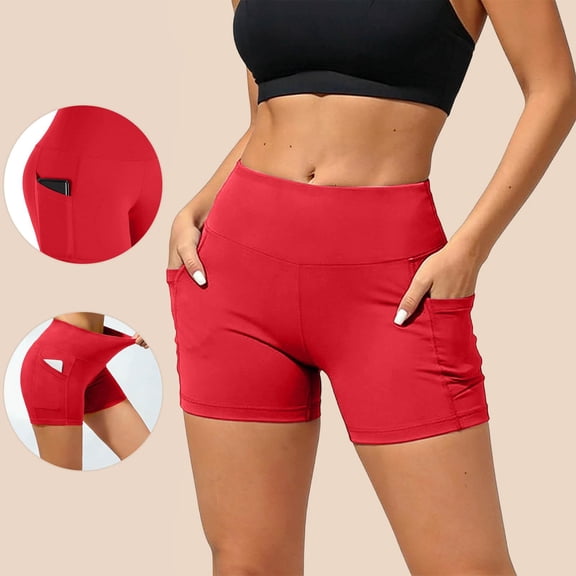 uublik Casual Shorts for Women Biker Yoga Shorts with Pockets High Waisted Athletic Running Workout Gym Shorts, Red