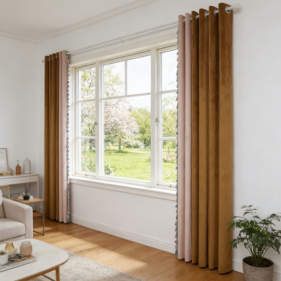 2 Panels, Luxury Velvet Color Block Blackout Curtains, Grommet Top Window Treatment for Bedroom & Living Room