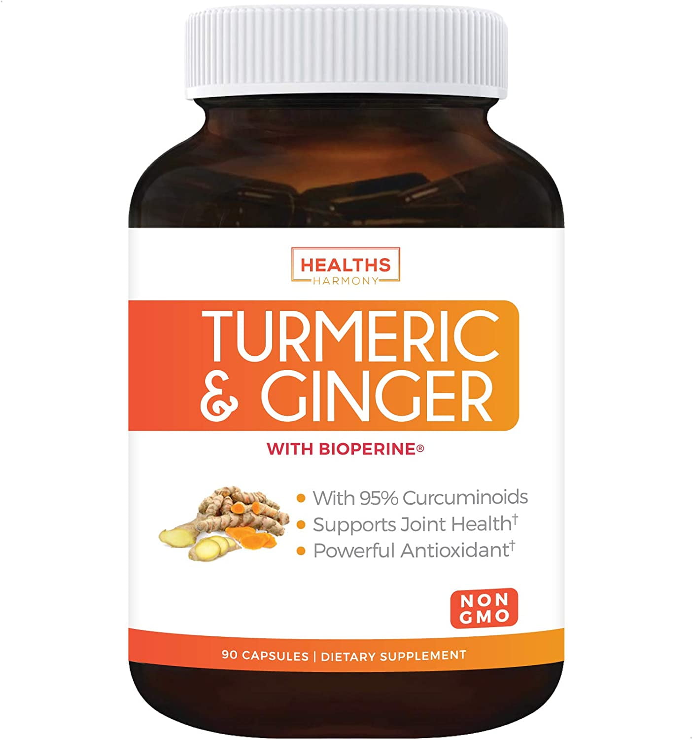 Healths Harmony Turmeric Curcumin and Ginger Supplement, 95% Curcuminoids & Bioperine (NON-GMO & Vegan) For Joint Support - Better Absorption with Black Pepper Extract - 90 Capsules - No Pills