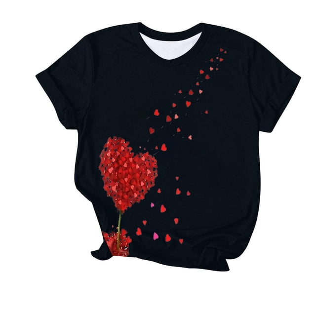Camiseta de Manga Corta de Cuello Redondo Impresa para las Mujeres Día de San Valentín, Mezcla Ligera de Poliéster para Primavera Verano Otoño