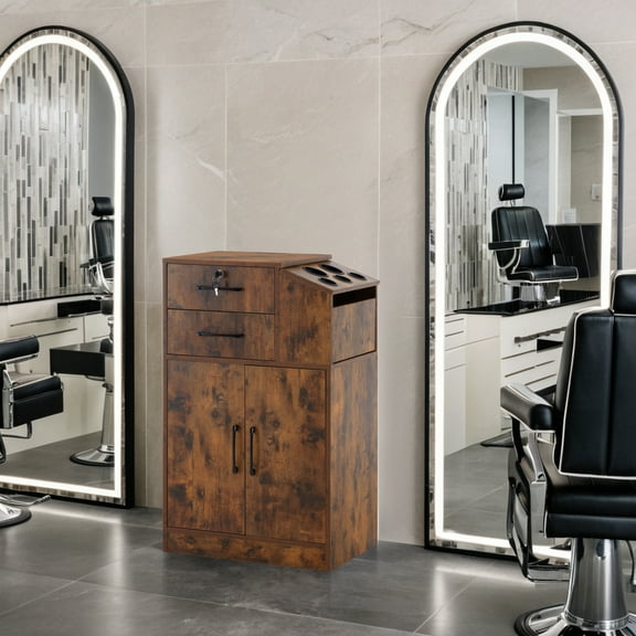 Beauty Spa Locking Storage Cabinets with Drawers, Hair Stylist Holders, Salon Styling Station for Hair Stylist, Brown