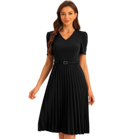 DARING DIVA V-Neck Short Sleeve Belted A-Line Pleated Dress S Black
