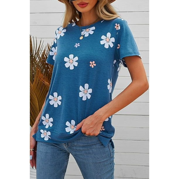 Women's Blue Floral Pattern T-shirt