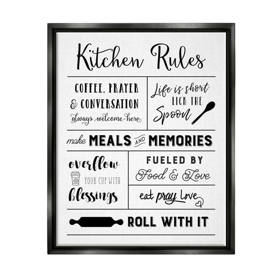 Stupell Industries Minimal Kitchen Rules Chart Food & Beverage Painting Black Floater Framed Canvas Art Print Wall Art, 17 x 21