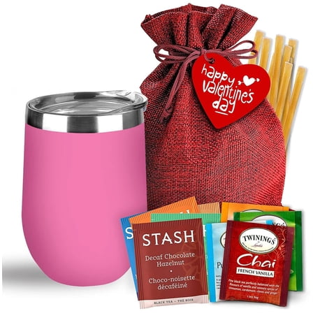 Bellina Tea Gift Baskets for Women and Men - Valentines Day - Insulated Cup, 20 Premium Teas, 10 Honey Straws, Gift Tag & Bag