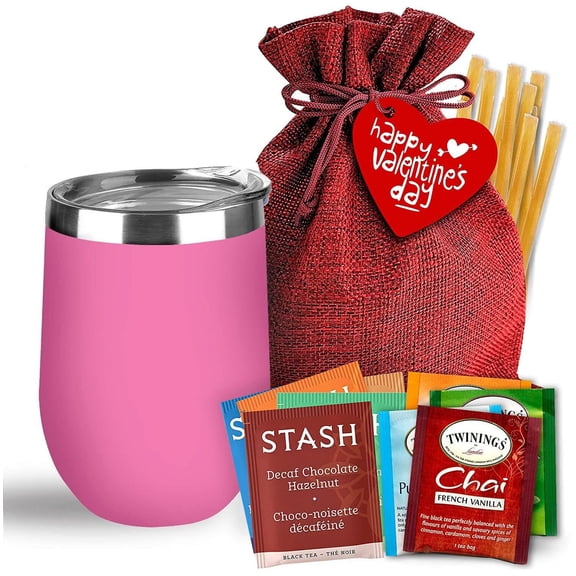 Bellina Tea Gift Baskets for Women and Men - Valentines Day - Insulated Cup, 20 Premium Teas, 10 Honey Straws, Gift Tag & Bag