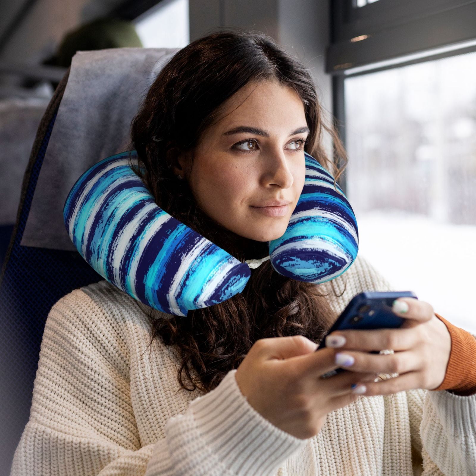 Xecao Ice Blue Stripes Print Memory Foam Cervical Neck Pillow Versatile U-Shaped Pillows for Home,Office,Camping,Travelling,Soft Washable Cover