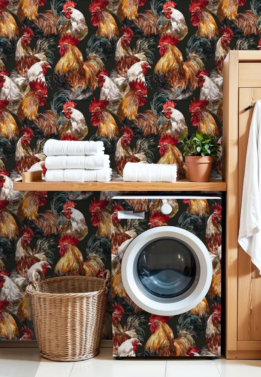 Farmhouse Peel and Stick Wallpaper Colorful Rooster Rustic Farmhouse Style Dark Wall Mural 17.7in x 9.8ft Self Adhesive Removable Wall Paper Renter Friendly Wallpaper for Nursery Bedroom Cabinets