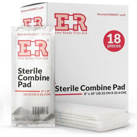 Sterile Combine Pads 8" x 10" by Ever Ready First Aid – Absorbent, Individually Wrapped, 18 Count for First Aid Use