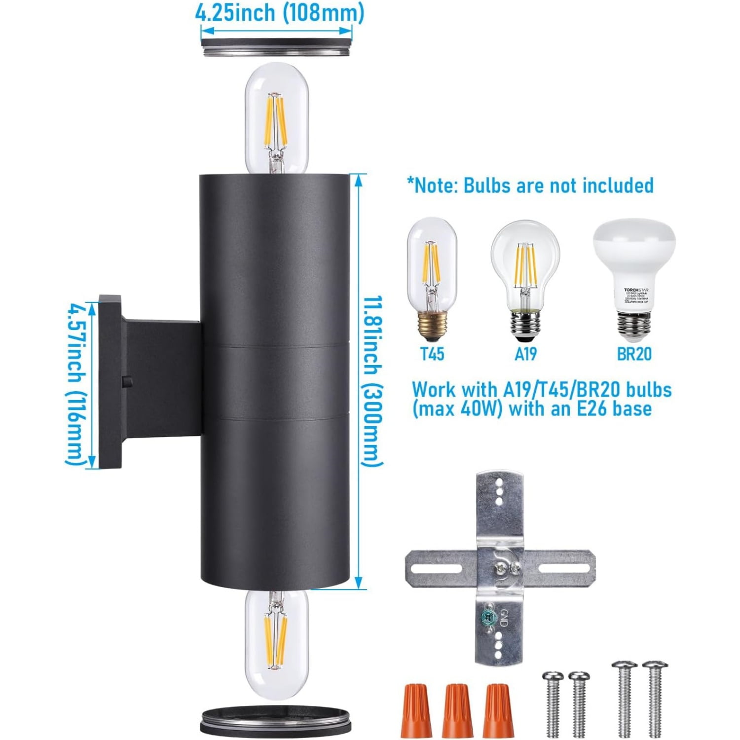 Modern Outdoor Cylinder Wall Lights 12", Porch Light in 2 Lights, Up Down Lights, Matte Black Waterproof Wall Sconce, Aluminum, E26 Base, Exterior Light Fixture Wall Mount, ETL, Pack of 2