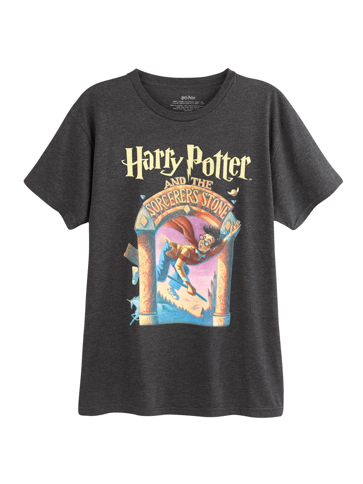 Unisex 2 Sided Logo Tee Mens Harry Potter Hogwarts School Varsity Grey T-Shirt 