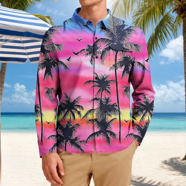 Ceisia Men's Regular-Fit Tropical Plant Print Long-Sleeve Button-Down Shirt for Spring/Summer Gift