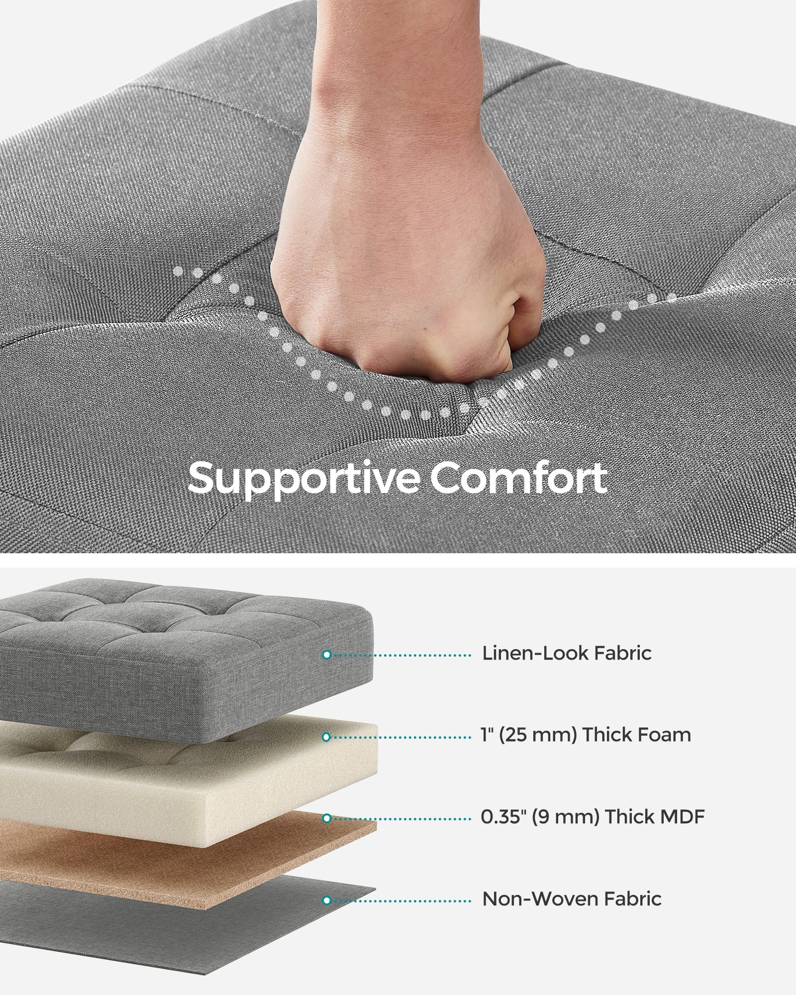 Folding Storage Ottoman Bench with 660lb Capacity, 15x15x15.7 Inch Footrest & Seat, Linen-Look Fabric for Living Room & Bedroom, Dove Gray