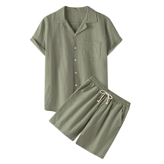 Baqcunre Track Suits For Men Set Mens Casual Spring Solid Color Short Sleeve Turndown Collar Top Shorts Pant Suit Cotton Mens Outfits Tops For Men Green L