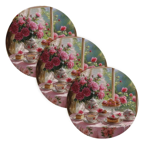 BZSMCE Mats for Pots,Pans Place Tea Set with Pink Roses Simple Style Pattern Pot Mats