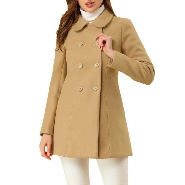 Abrigo largo de invierno de doble botonadura con cuello Peter Pan para mujer Inspire Chic XS color caqui