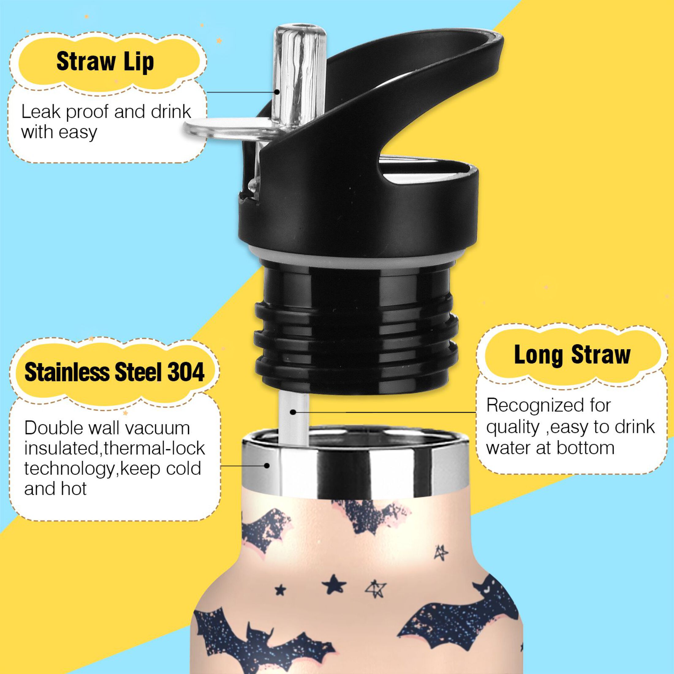600ML Stainless Steel Insulated Cup Sports Water Bottle Portable Thermos Cup Water Glasses Insulated Tumblers Convenient and Durable Black Bats