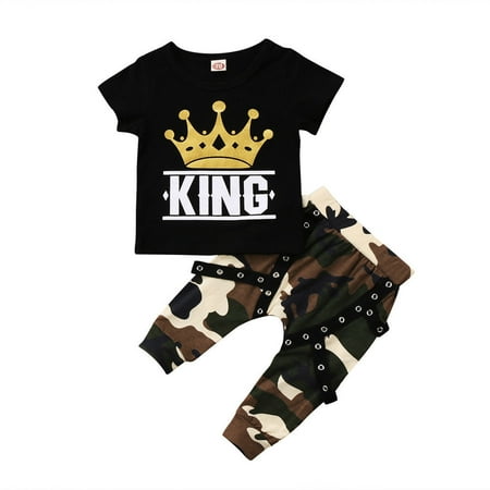 

Toddler Kid Boy Short Sleeve Crown Print T-Shirt Baby Bro Camo Long Pants Summer Clothes Outfit Sets 2PCS
