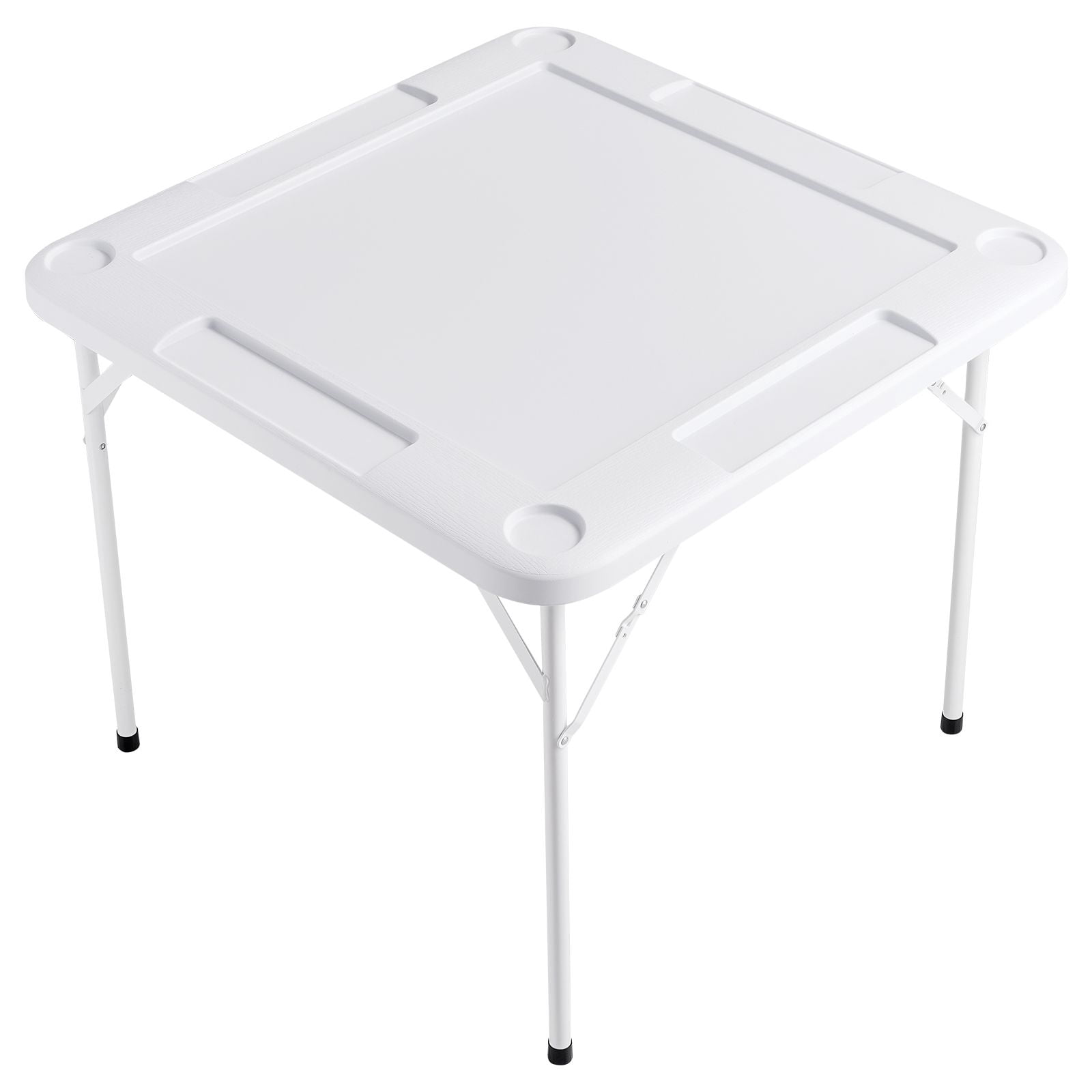 Mahjong Table, Square 4 Player Folding Card Table with 4 Cup Holders & 4 Chip Trays, Portable Domino Game Table with 1 Set of Dominoes for Mahjong Poker Puzzles, 35.4 x 35.4-inch, White