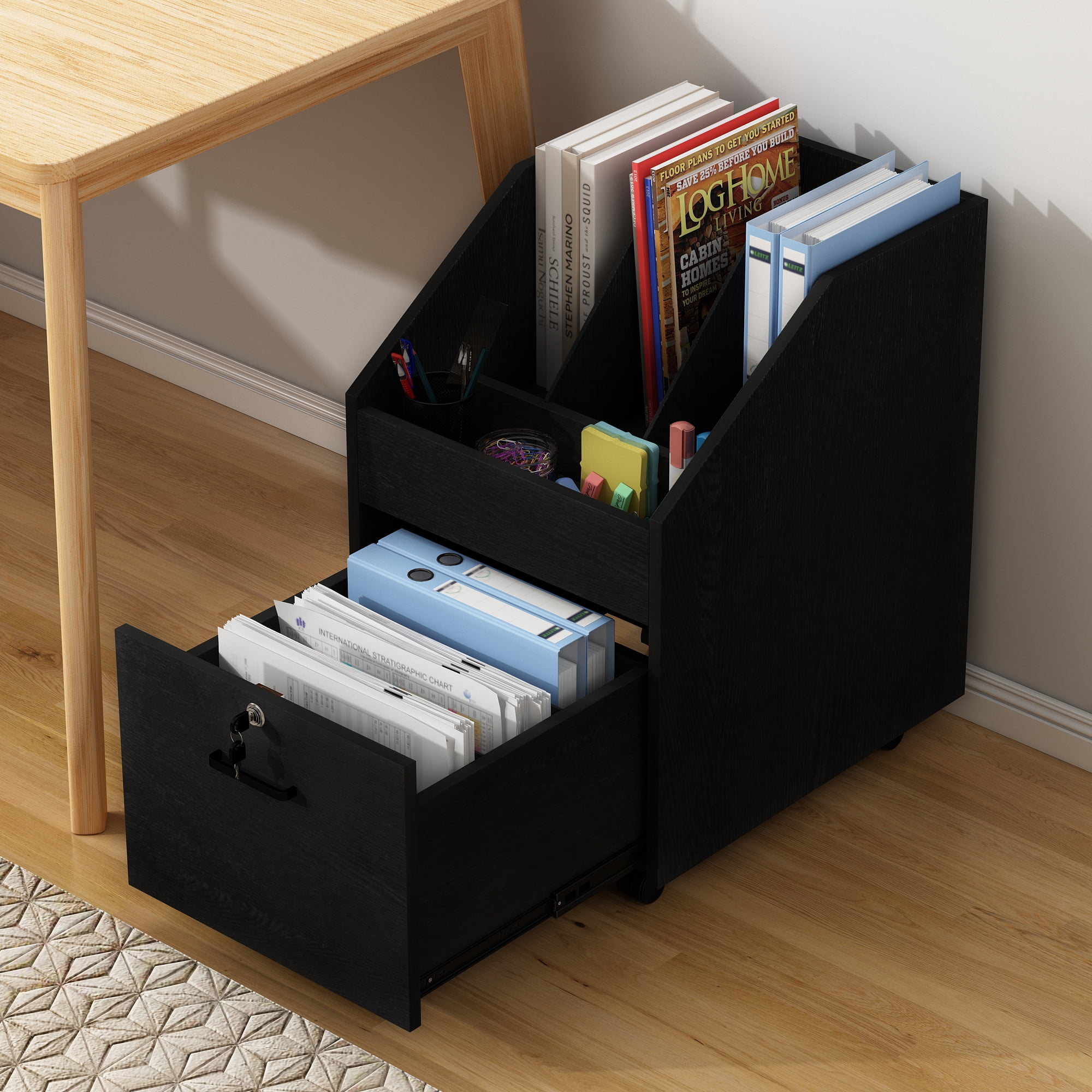 NAIYUFA Mobile File Cabinet with drawers,lock,Rolling Filing Cabinet Wood Storage Shelf for Office Study Room,Black
