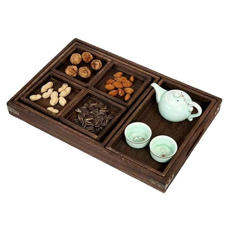 

7PCS Wood Serving Tray Set Vintage Fruit Dish Tea Tray Rectangle Breakfast Tray