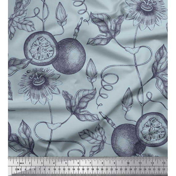 Soimoi Cotton Cambric Fabric Leaves,Floral & Passion Fruits Printed Fabric 1 Yard 56 Inch Wide