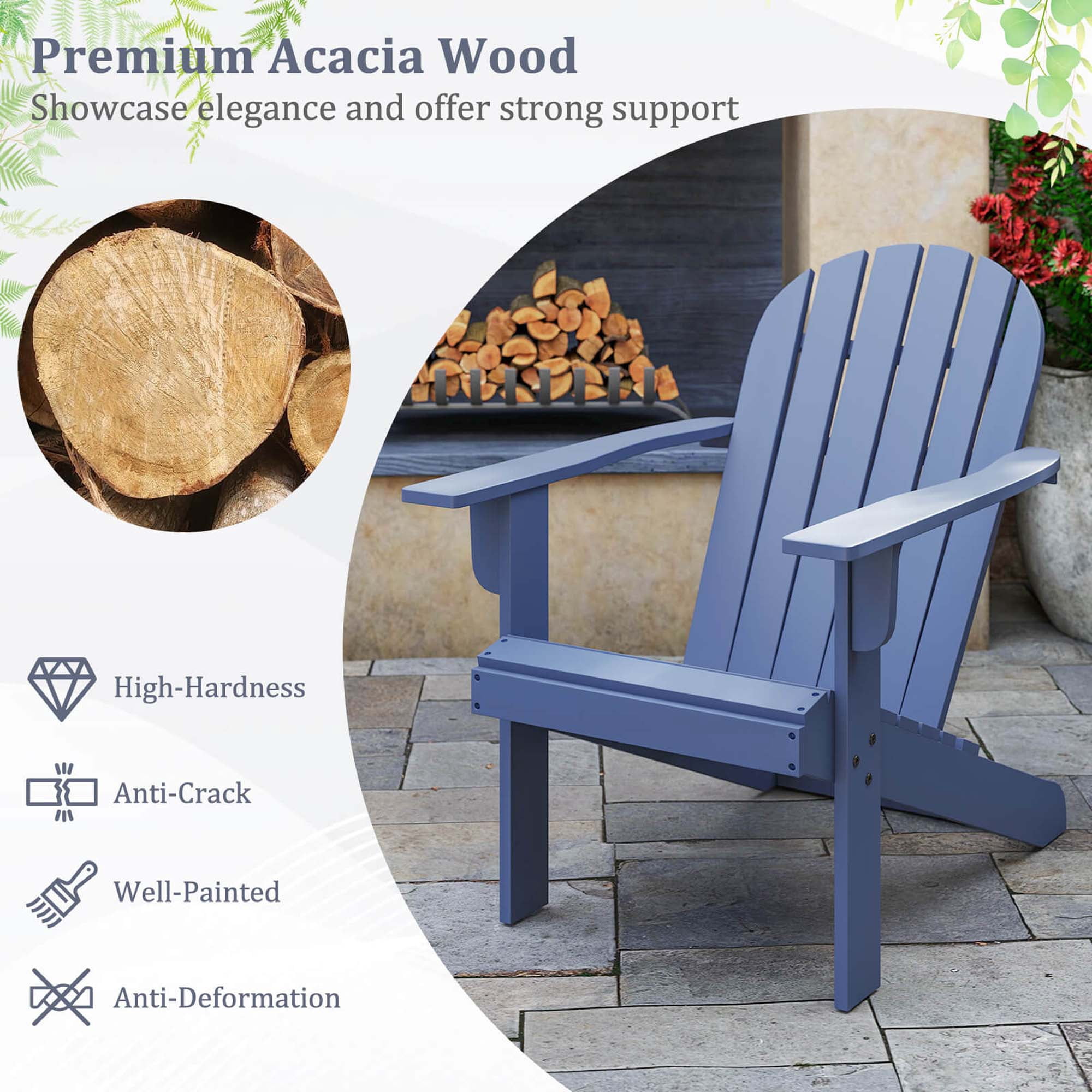 Costway Patio Adirondack Chair with Inclined Seat High Backrest & Wide Armrests Blue