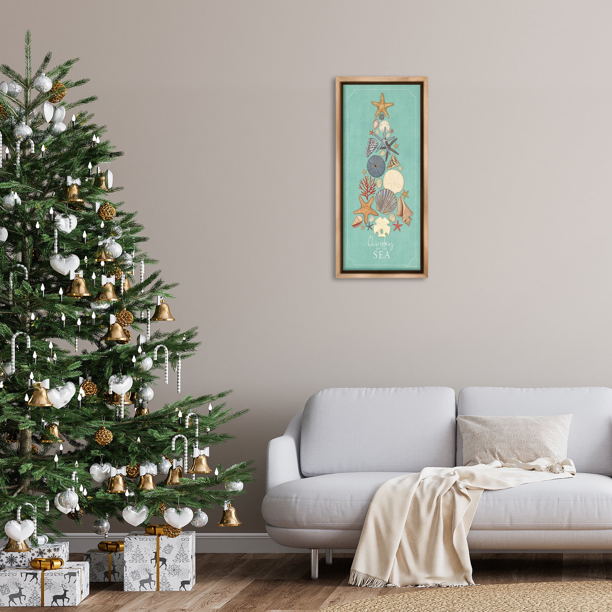 Stupell Industries Seashell Holiday Tree Holiday Painting Brown Floater Framed Canvas Art Print Wall Art, 15 x 31