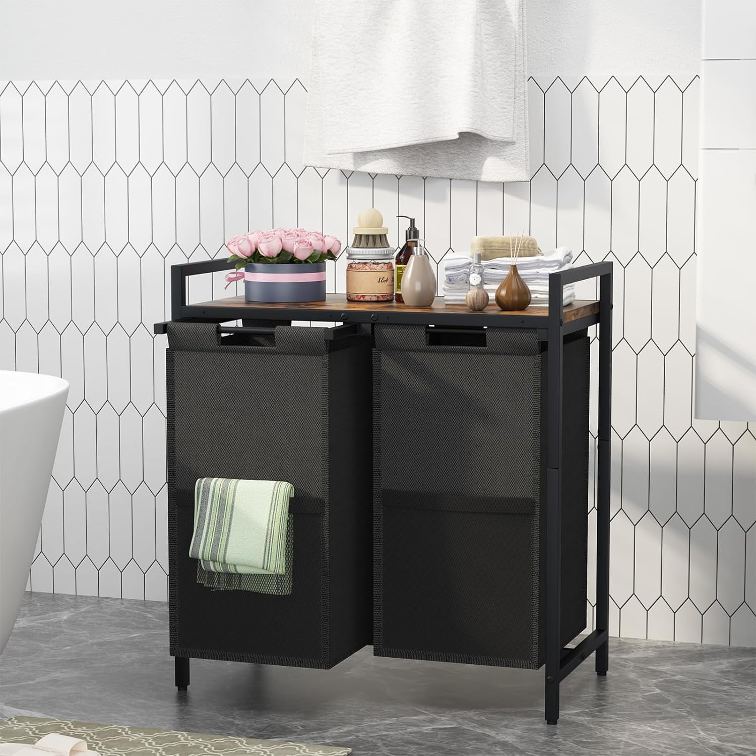 aboxoo Laundry Hamper, double Laundry Basket, Laundry Sorter with Top Shelf & 2 Removable Washable Bags & Side Pockets for Laundry Room organization, Bathroom and Dorm, Rustic Brown and Black