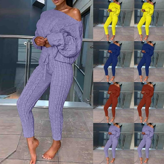 Lovskoo Women's Sweater Set Trendy Casual Solid Color Shirtslong Sleeve Round-Neck Blouses Sets Blue