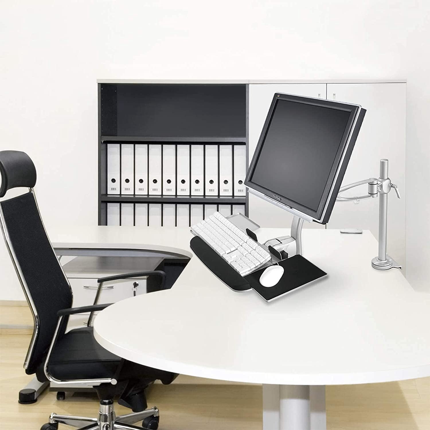 Desktop Sit-Stand Workstation with Single Monitor Mount and Keyboard Tray, Height Adjustable Standing Desk Converter with Quick Release VESA for Computer Screens up to 32 inches