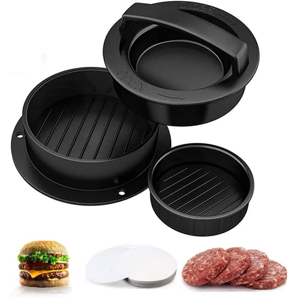 Burger Press Hamburger Press Patty Maker - with 50 Wax Papers Hamburger Patty Press Burger Mold Non-Stick 3-in-1 for Stuffed Cheeseburger Slider Burger Stuffer Beef Cheese Halal Vegan Grill