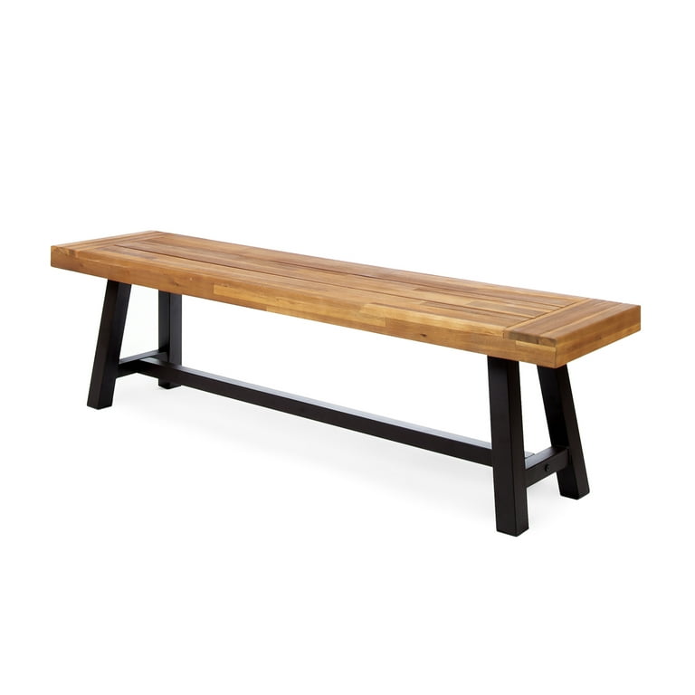 Carly Outdoor Acacia Wood and Rustic Metal Bench, Sandblast Finish