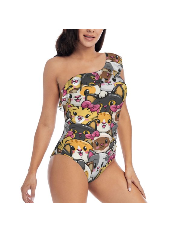Picia Cute Cat Pattern Women's One Piece Swimsuits,One Shoulder Swimwear Asymmetric ,Ruffle Monokinis Bathing Suits,High Waisted Flattering Bathing Suits-Small