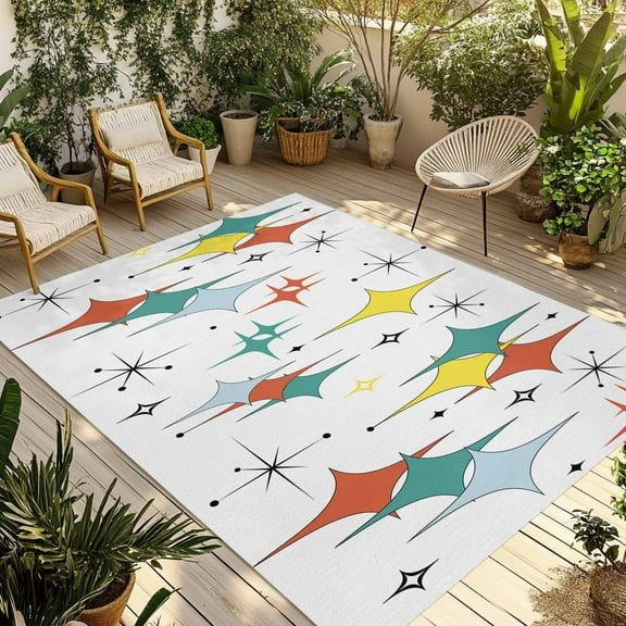 Fsddascl Teal Yellow Orange Boho Outdoor Rug for Patio/Deck/Porch, Non-Slip Large Area Rug 4 x 6 Ft, Middle Century Star Rhombus Indoor Outdoor Rugs Washable Area Rugs, Reversible Camping Rug Carpet