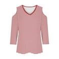 thumbnail image 4 of Womens Cold Shoulder Shirt 3/4 Long Sleeve V-Neck Blouse Casual Loose Fit Top Striped Spring Fall Clothes (Red XL), 4 of 5