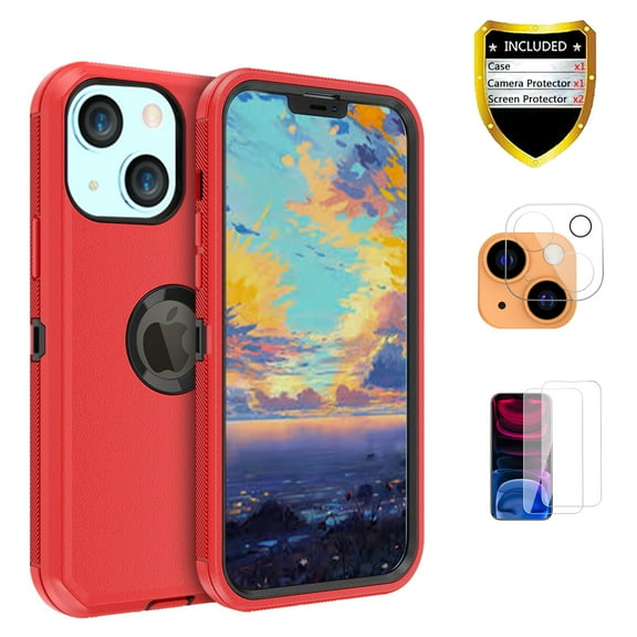 Xhy iPhone 13 Case Screen Protectors Camera Lens Protector, Heavy Duty Hard Shockproof Armor Protector Case (Red Black)