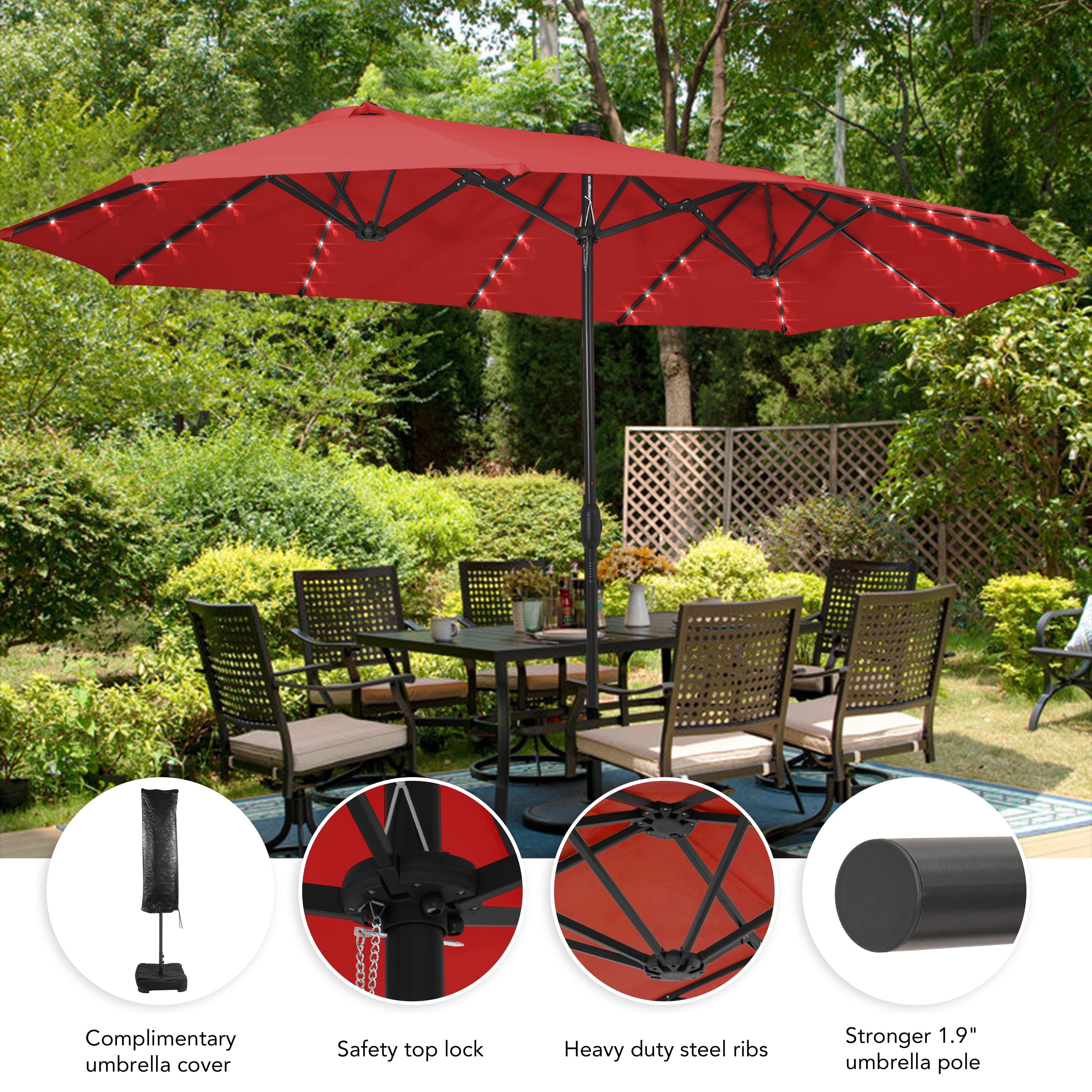 HARBOURSIDE Solar-Powered Double-Sided 15 ft Outdoor Patio Umbrella with 144 LED Lights, Includes Sandbag Base & Protective Cover,Red