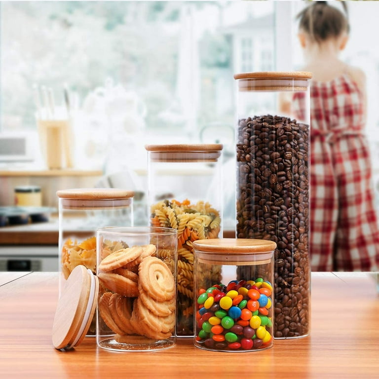 Focus Line Glass Food Storage Jars Containers, High Borosilicate Glass  Cookies Jars with Bamboo Lid Set of 5, Airtight Canisters For Coffee,  Flour, Sugar, Candy, Cookie, Spice 