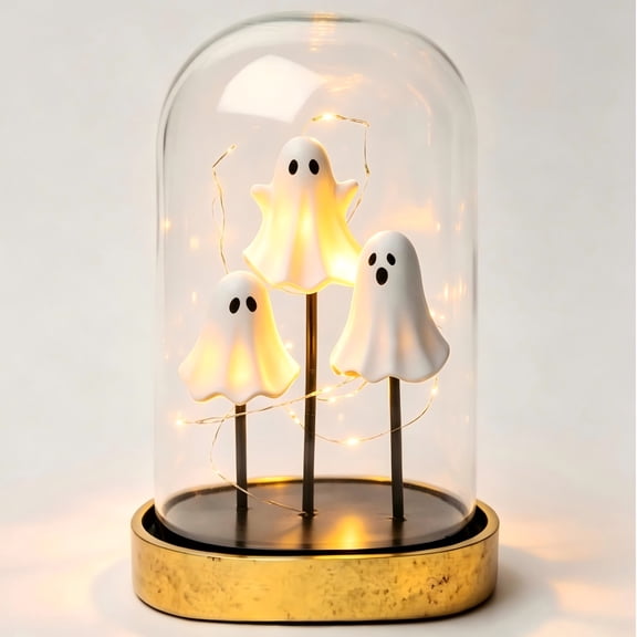 Halloween 3 Mini Ghost Figurines Night Light, 7" Ghost Glass Cloche Night Light with Warm Lights, Spooky Tabletop Decor Lamp for Home & Halloween Party Decor,1 Pack