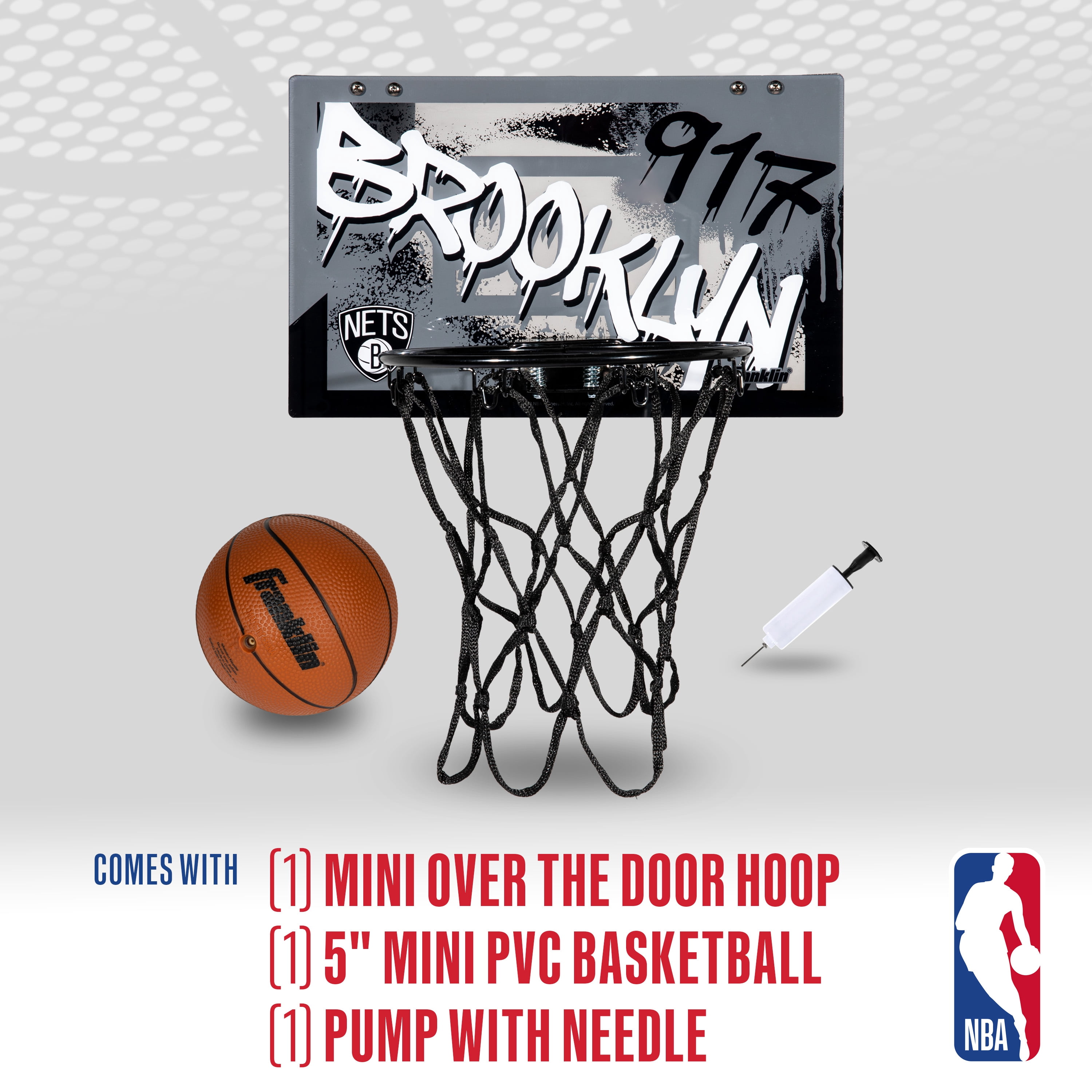 Franklin Sports NBA Brooklyn Nets Over the Door Basketball Hoop - Kids Indoor Basketball Hoop with Mini Basketball - NBA Fan Shop Mini Hoop for Bedroom + Office - Over the Door Mini Hoop Set