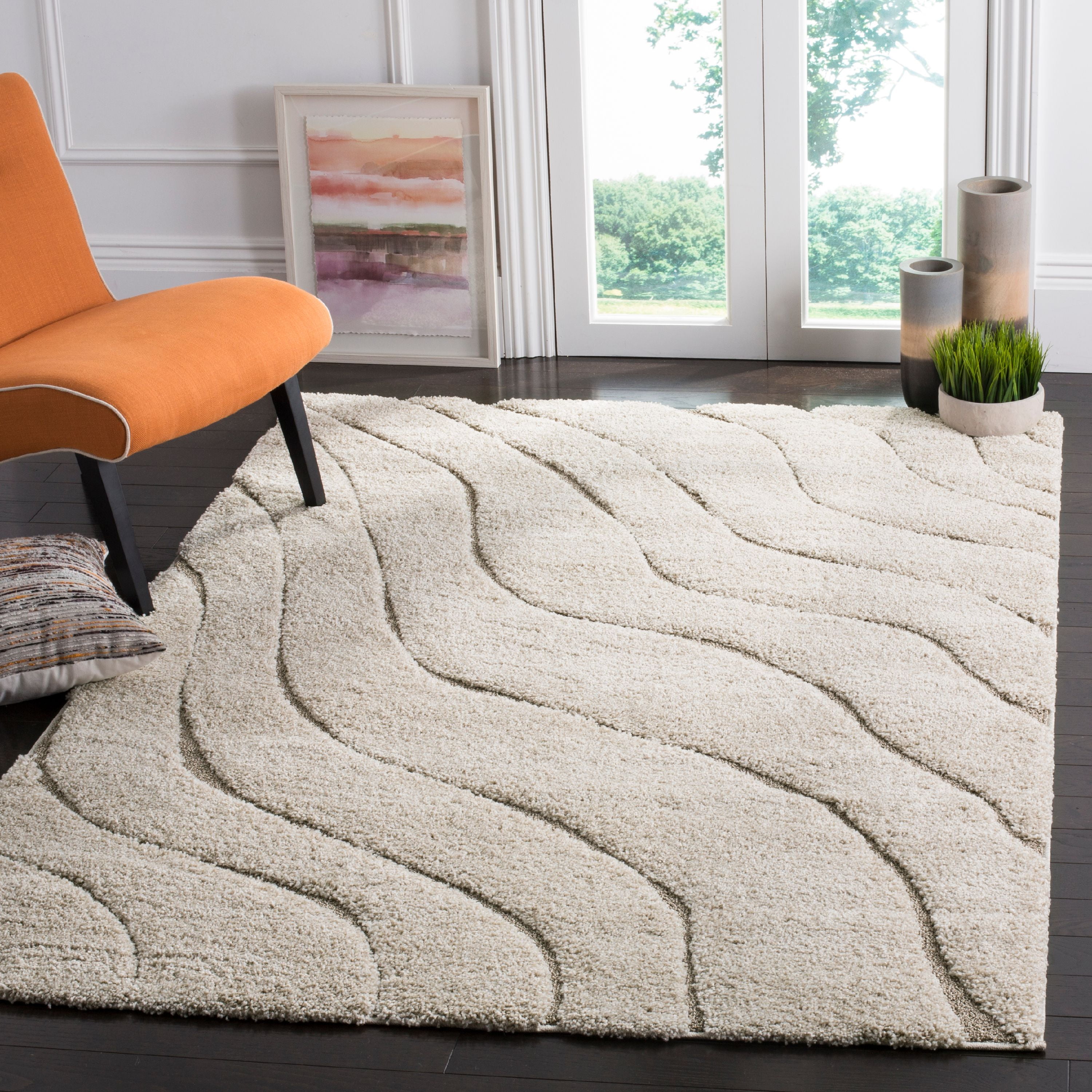 SAFAVIEH Florida Tabitha Geometric Waves Shag Area Rug, Cream/Beige, 4