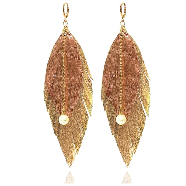VANGANIA Aretes largos mujer de plumas doradas y cuero Elegant Gold regalo mujer