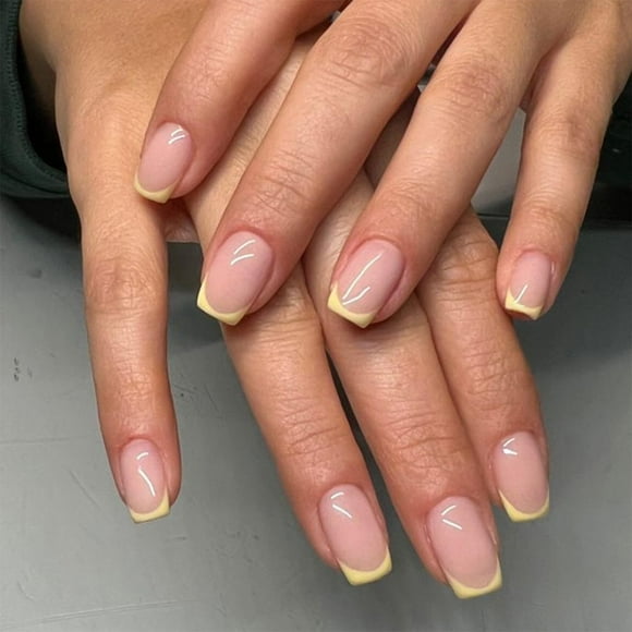 SUTENGDA Yellow French Tip Press on Nails Short Square Fake Nails Glossy Acrylic Glue on Nails Reusable Full Cover Stick on Nails for Women
