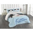 thumbnail image 2 of Ambesonne Cartoon Quilted Coverlet 3 Pcs, Furry Pink Nose Kitten, King Size, Black White Blue, 2 of 4