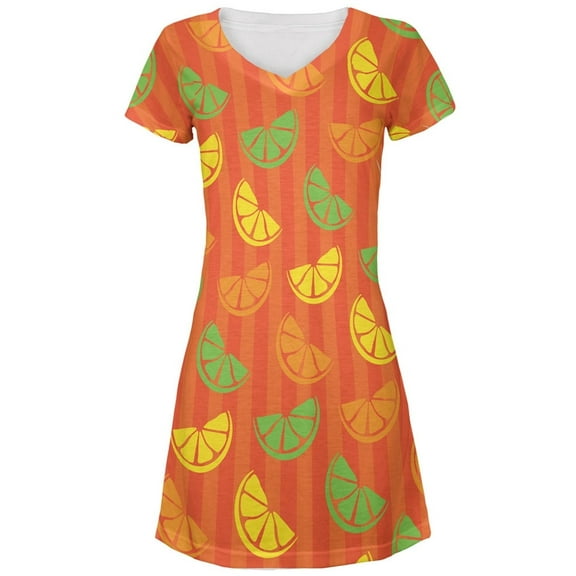 Citrus Lemon Lime Summer Orange All Over Juniors V-Neck Dress