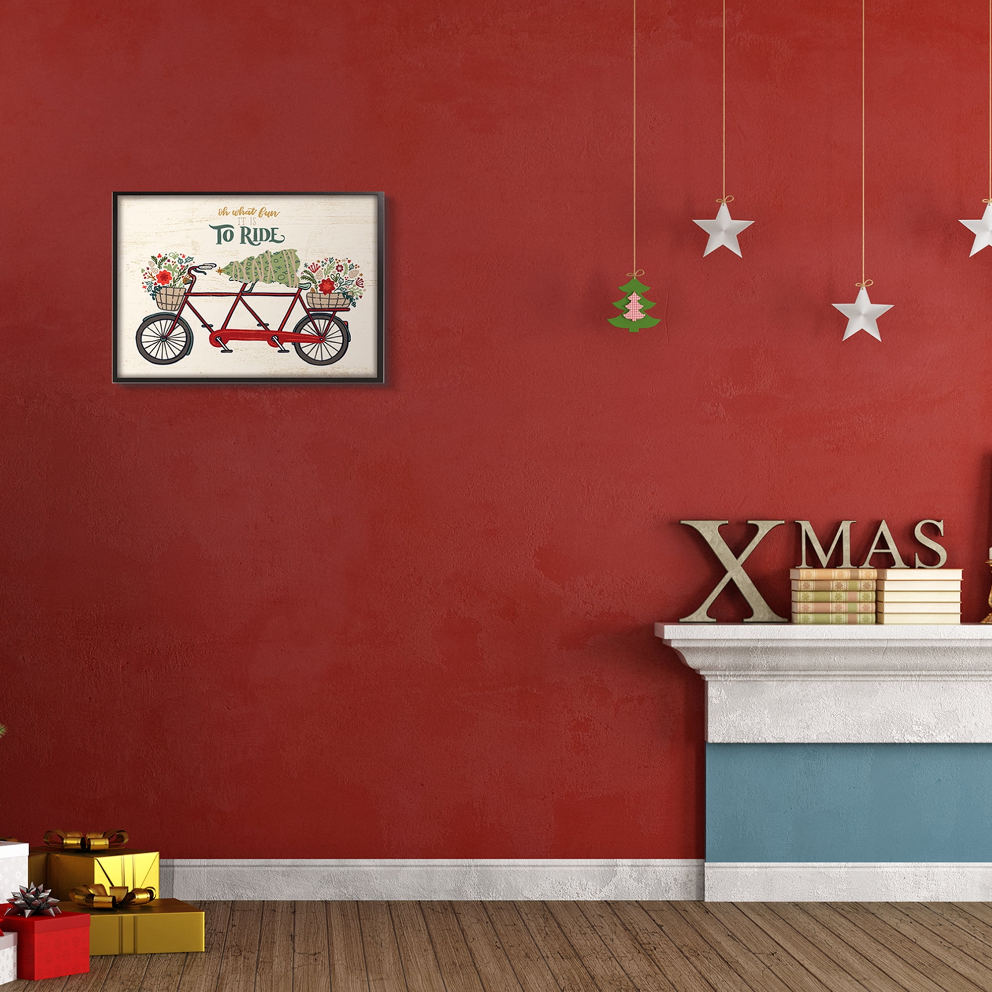 Stupell Industries Oh What Fun Christmas Sentiments Red Tandem Bicycle Transportation Painting Black Framed Art Print Wall Art, 16 x 20